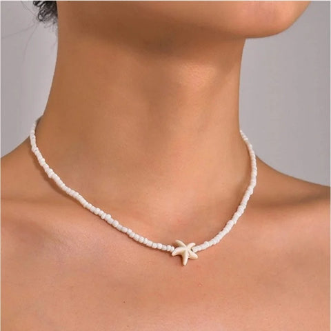 Bohemian Double Seed Bead Chain Clavicle Necklace with Vintage Acrylic Turtle and Starfish Pendant for Women