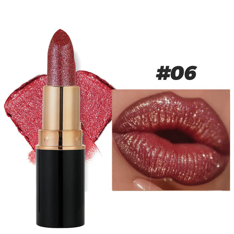 6 Colors Glitter Lipstick - Waterproof, Long-Lasting Diamond Pearlescent Metallic Lip Gloss for Women