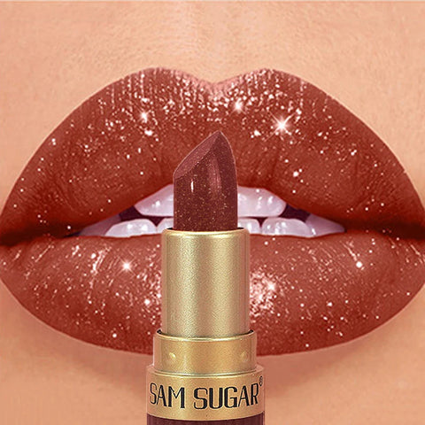 Diamond Pink Lipstick Chocolate Brown Metallic Glitter Lipstick - Long-Lasting Waterproof Shimmer Pearl Sparkling Lip Gloss