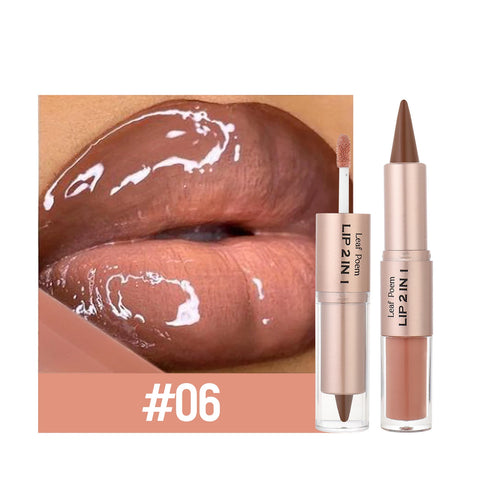Black Brown Tapered Lip Liner & Contour Pencil with Double Head Mirror and Plumping Lip Glaze
