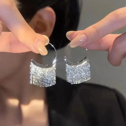 Elegant Silver Multi-Layer Geometric Tassel Chain Earrings for Women