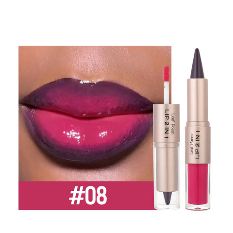 Black Brown Tapered Lip Liner & Contour Pencil with Double Head Mirror and Plumping Lip Glaze