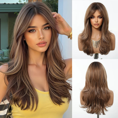 EASIHAIR Long Wavy Brown Synthetic Wigs for Women - Natural Curly Hair with Bangs for Daily Use and Cosplay