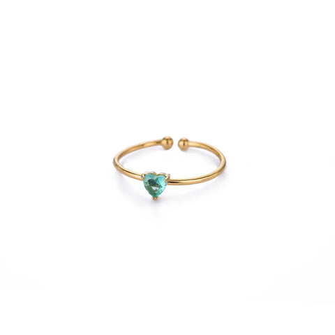 Zircon Heart Birthstone Rings for Women - Adjustable Gold Color Stainless Steel Wedding Jewelry Gift