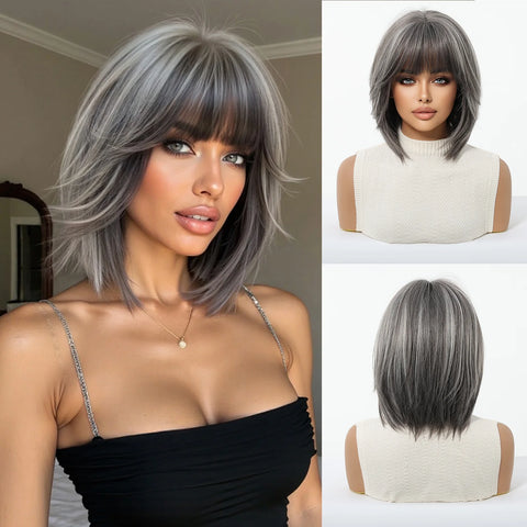 Light Brown Blonde Synthetic Wigs with Bangs - Short Bob for Daily Use, Cosplay, and Halloween | Heat Resistant