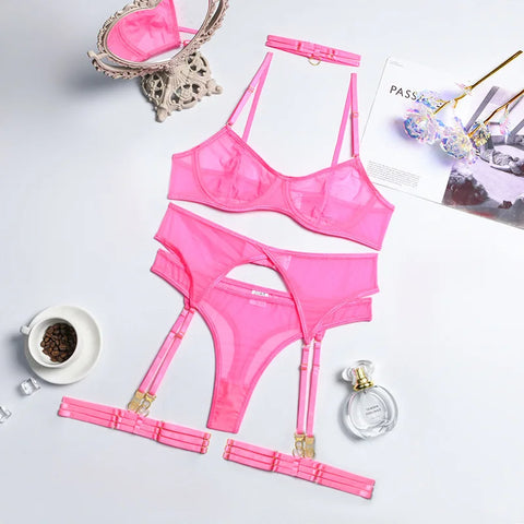 4-Piece Lace Bra Set Women Mesh Panty Underwear Set - 8 Colors Transparent Sexy Lingerie Set