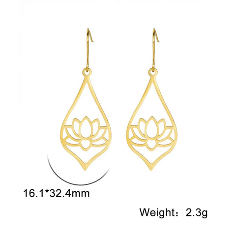 Skyrim Lotus Flower Rhinestone Dangle Earrings - Gold Stainless Steel Bohemian Jewelry for Women