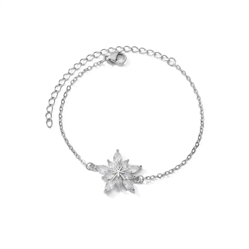 Elegant Zircon Flowers Bracelet for Women and Girls – Luxury Gold Color Stainless Steel Plant Charm Jewelry