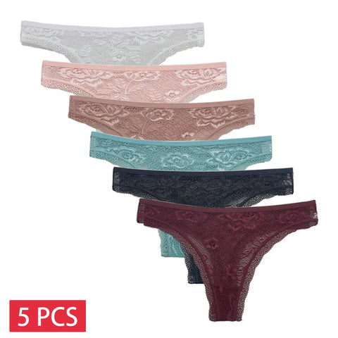 5 PCS/Set Sexy Lace Thong Women Low Waist Panties Transparent Underwear