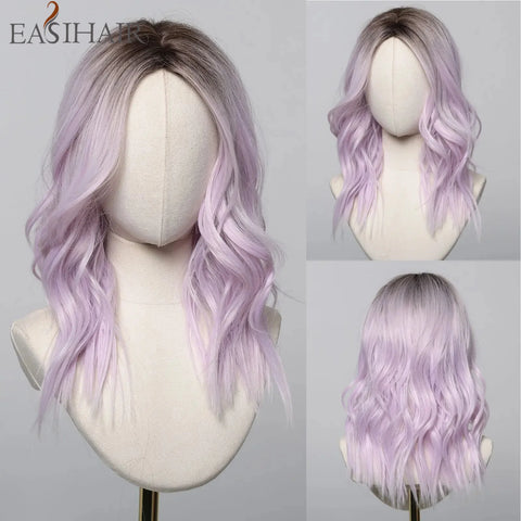 EASIHAIR Dark Brown Wavy Bob Wig with Bangs - Synthetic Heat Resistant Medium Length Wig for Women
