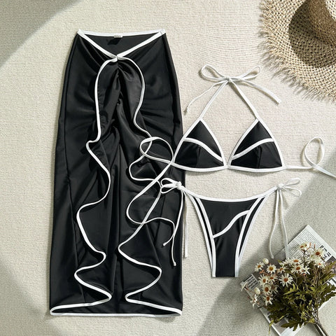 Para Praia Print Driedelige Bikiniset met Lange Rok - Sexy Badpak Strandjurk voor Dames