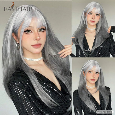 EASIHAIR Women Synthetic Wigs - Long Brown Ombre Blonde Layered Wigs with Curtain Bangs for Daily Use
