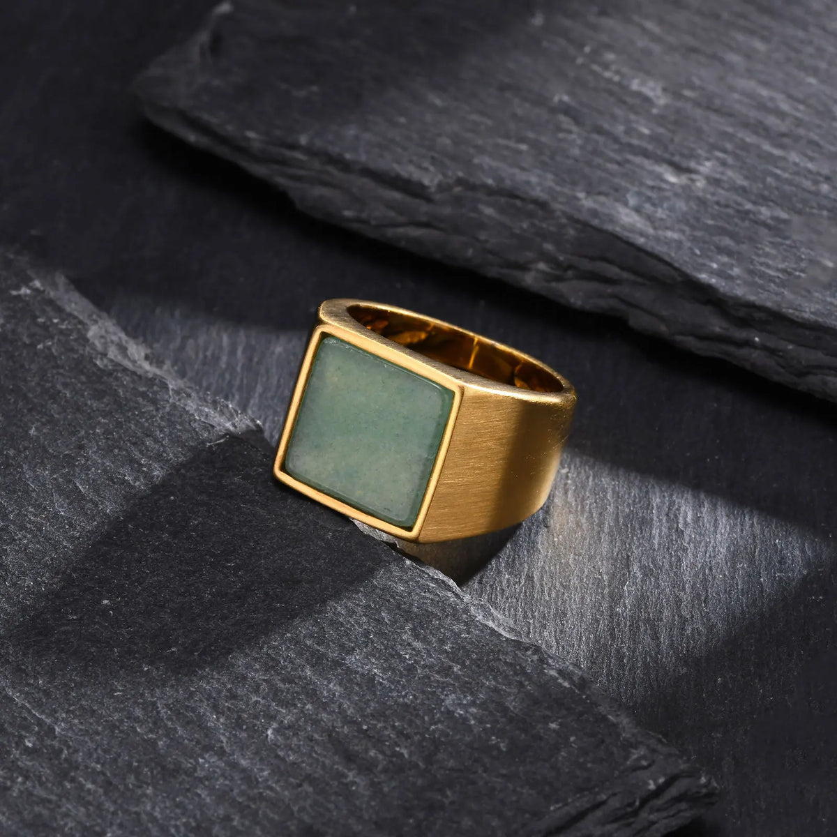 Natural Green Stone Ring for Men and Boys - Stylish Gold Color Stainless Steel Punk Ring