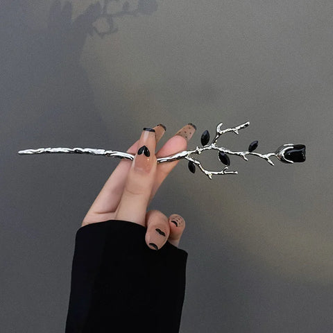 2025 Vintage Rose Flower Crystal Branch Hairpin - Elegant Metal Texture Headwear Jewelry for Women
