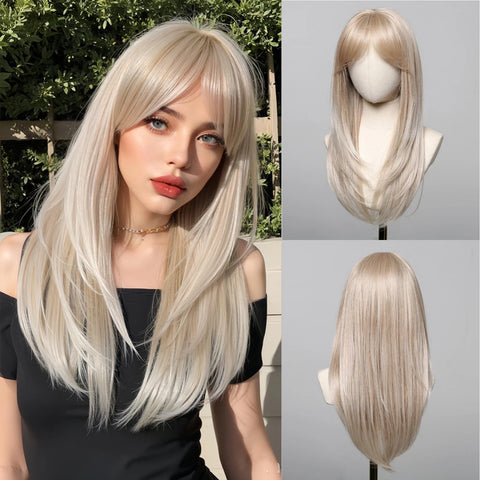 EASIHAIR Long Blonde Synthetic Wigs for Women - Straight Layered Natural Hair Wigs With Bangs