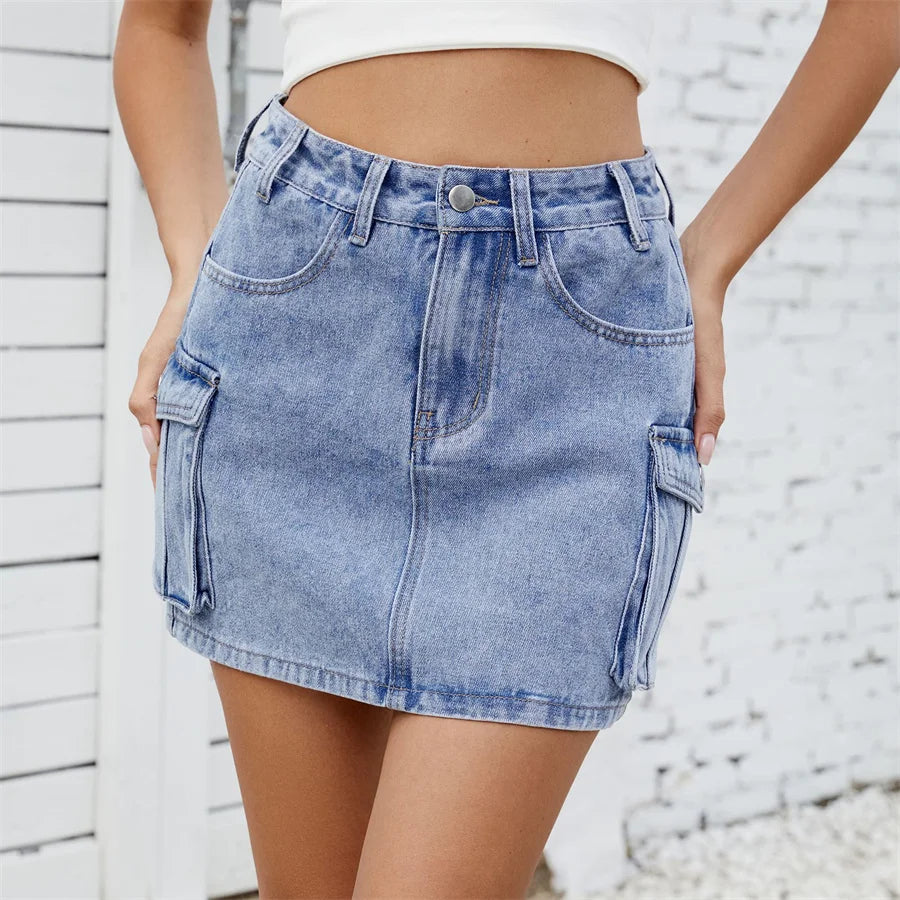 Benuynffy American Retro Multi-pocket Denim Skirt for Women – Summer High Waisted Slim Bodycon A-line Cargo Mini Skirts 2025