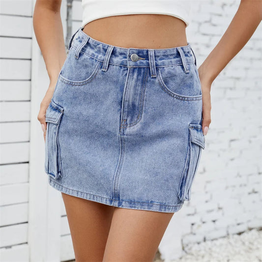Benuynffy American Retro Multi-pocket Denim Skirt for Women – Summer High Waisted Slim Bodycon A-line Cargo Mini Skirts 2025