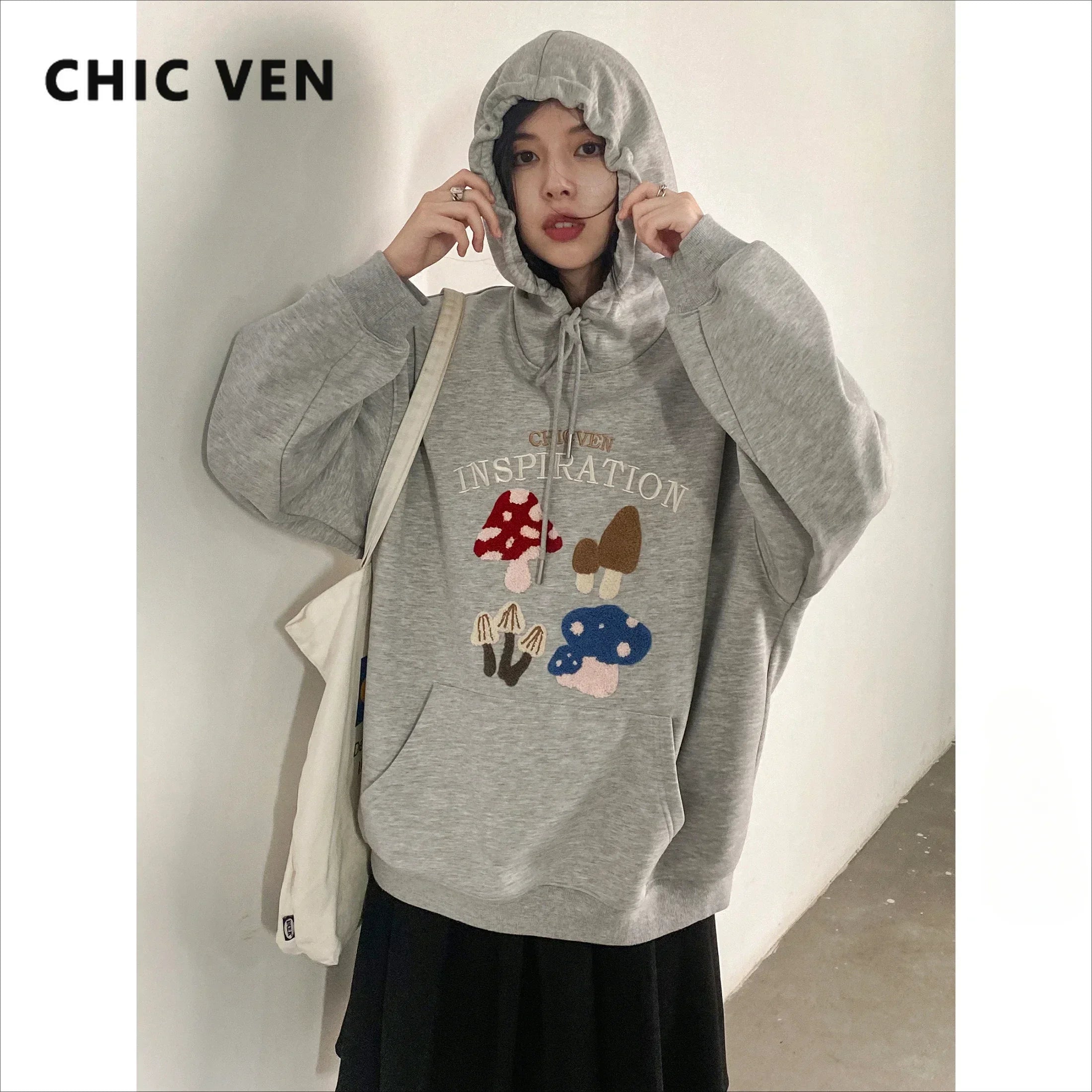 CHIC VEN Korean Women's Cartoon Embroidered Hoodie