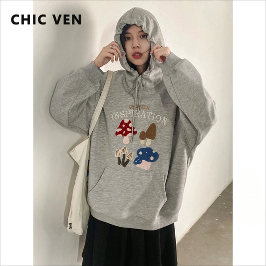 CHIC VEN Korean Women's Cartoon Embroidered Hoodie