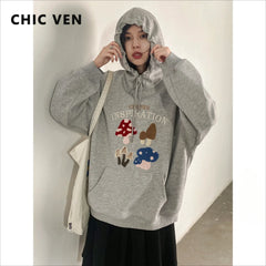 CHIC VEN Korean Women's Cartoon Embroidered Hoodie