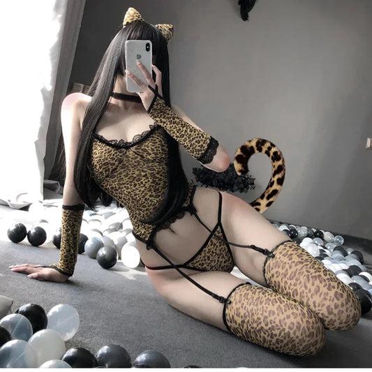 Leopard Cat Girl Cosplay Lingerie Bodysuit with Socks