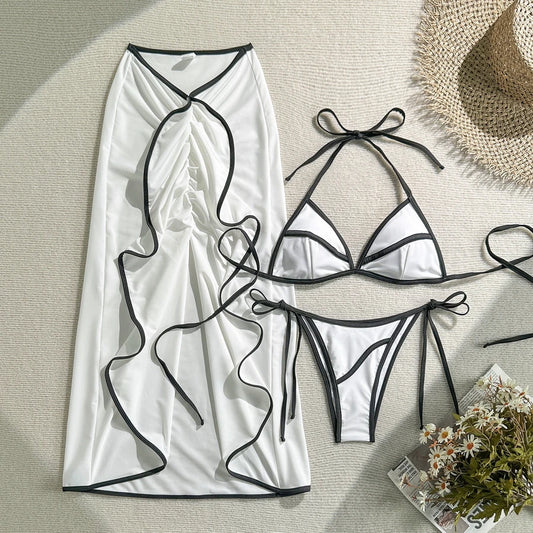Para Praia Print Three Pieces Bikini Set with Long Skirt - Women's Sexy Swimsuit Beach Dress