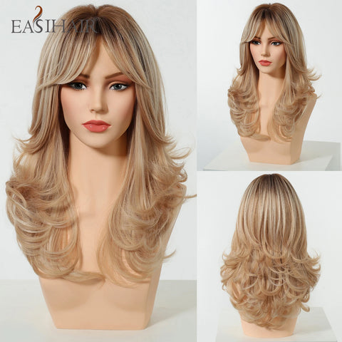 EASIHAIR Long Wavy Brown Synthetic Wig for Women with Side Bangs - Natural Look, Heat Resistant for Daily Wear