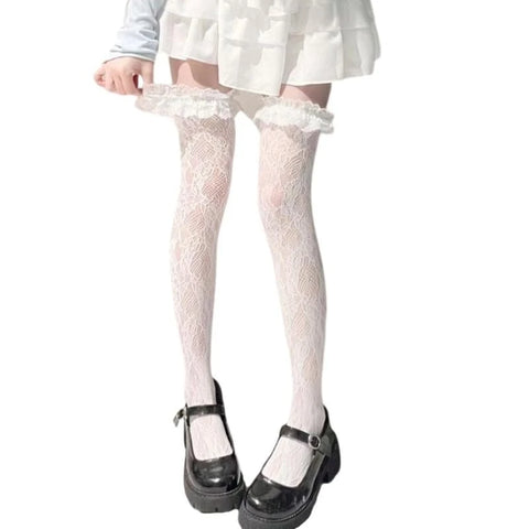 Women’s Lolita Fishnet Thigh High Socks - Japanese Style Heart Striped Lace Patterned Over Knee Long Stockings