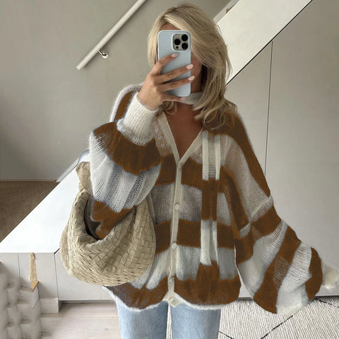 TARUXY Mode Gestreepte Trui Cardigan met Sjaal - Retro Lantaarnmouw Gebreide Top voor Dames