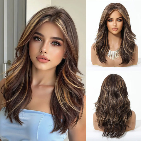 EASIHAIR Long Wavy Brown Synthetic Wigs for Women - Natural Curly Hair with Bangs for Daily Use and Cosplay