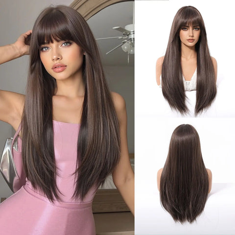 EASIHAIR Women Synthetic Wigs - Long Brown Ombre Blonde Layered Wigs with Curtain Bangs for Daily Use