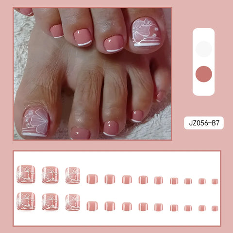 24 Pcs French Design Fake Toe Nail Press on Summer Nails