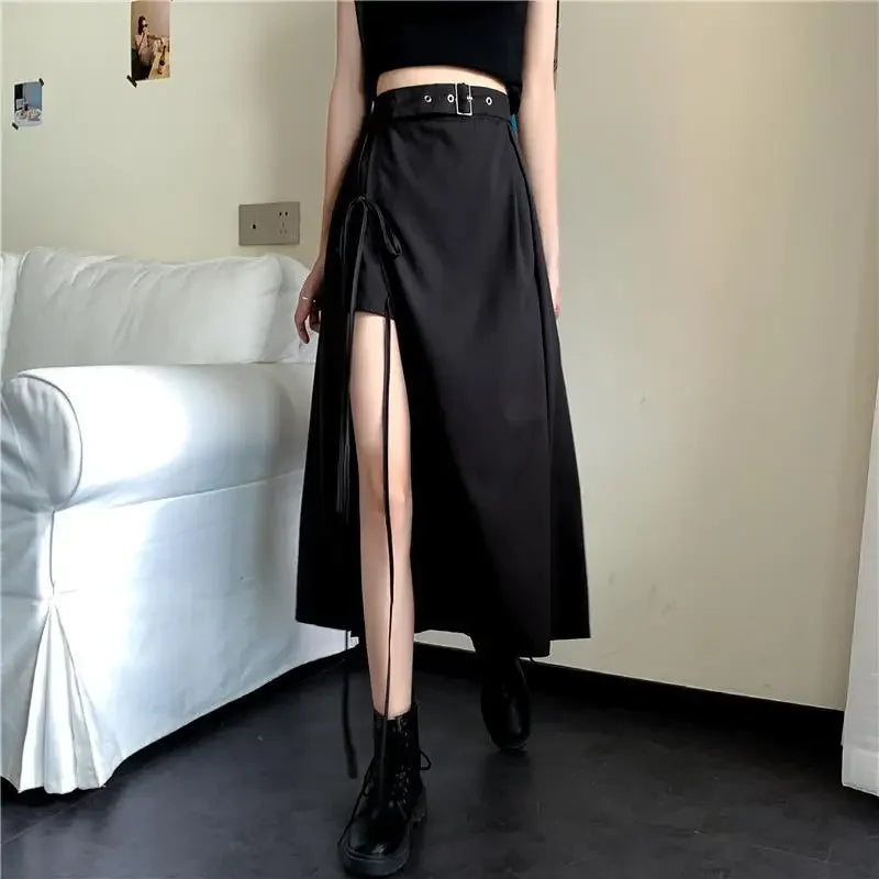 Vintage Dark Gothic High Split Mid-Calf Skirt for Women - Elegant Fashion for Parties and Clubs