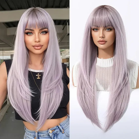 EASIHAIR Women Synthetic Wigs - Long Brown Ombre Blonde Layered Wigs with Curtain Bangs for Daily Use