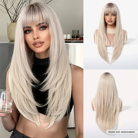 Blonde Golden Synthetic Wigs Long Straight Hair Natural Wig for Women Middle Part Wigs Cosplay Party Heat Resistant Fake Hair