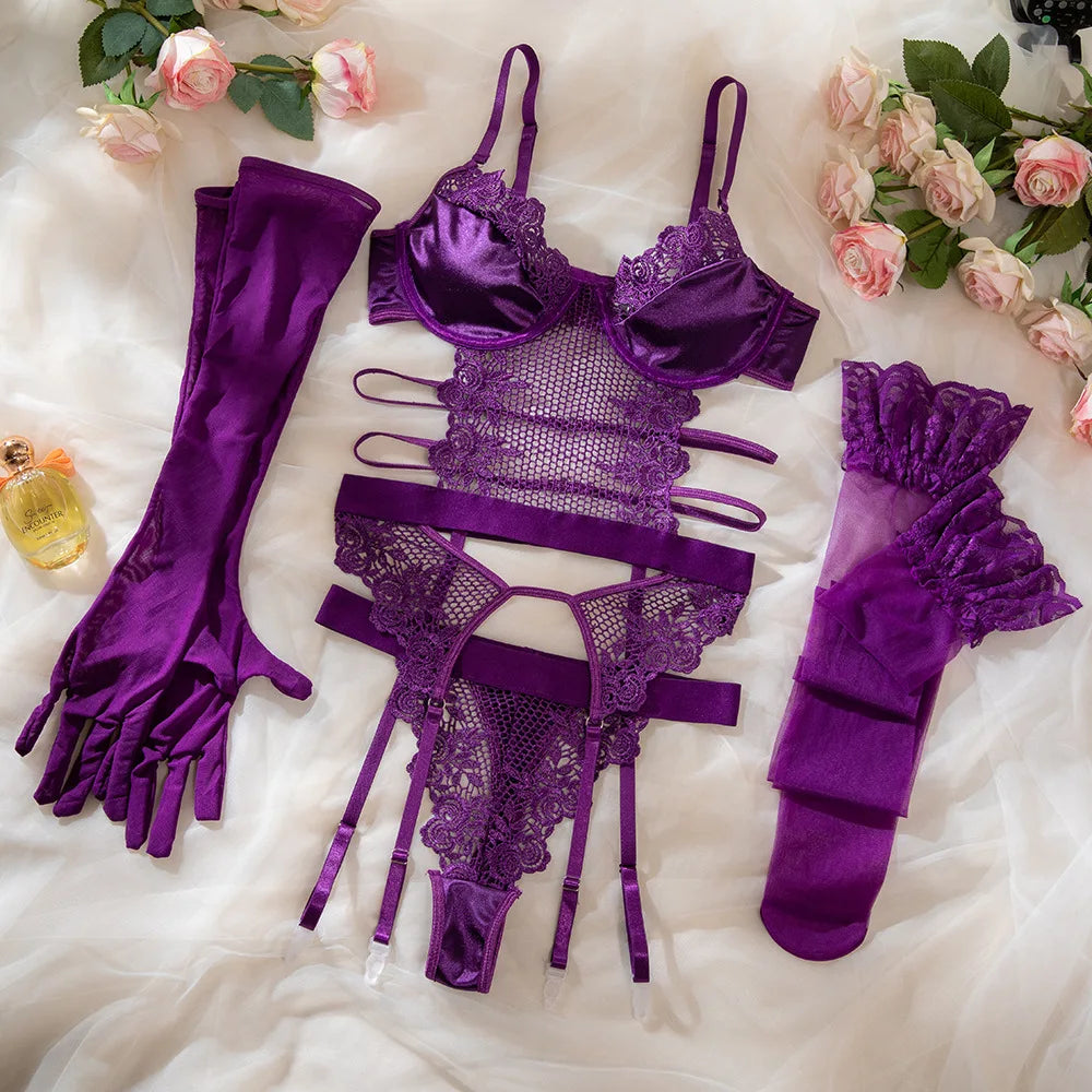 Purple Erotic Lingerie Set - Sexy Sissy G-String, Thongs, Lace Costume & Stockings