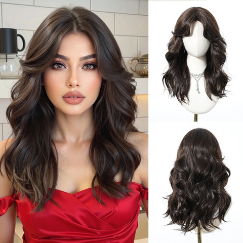 EASIHAIR Long Wavy Brown Synthetic Wigs for Women - Natural Curly Hair with Bangs for Daily Use and Cosplay