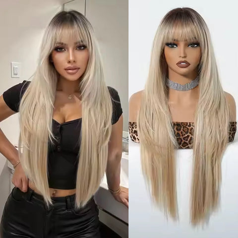 Blonde Golden Synthetic Wigs Long Straight Hair Natural Wig for Women Middle Part Wigs Cosplay Party Heat Resistant Fake Hair