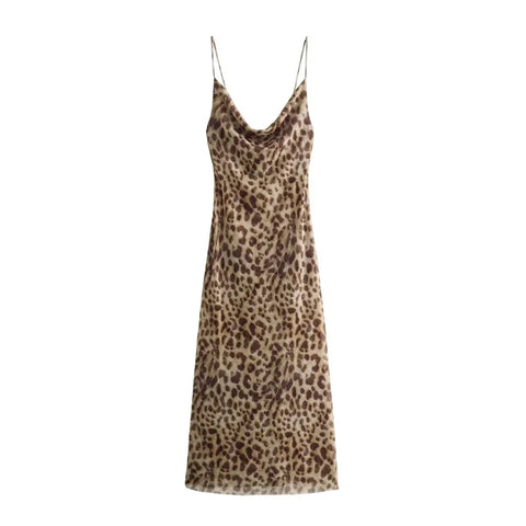 MUJER Leopard Print Tulle Slip Dress