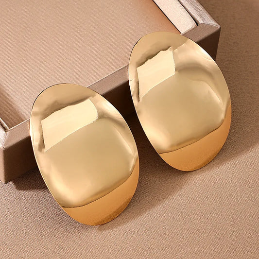 Exaggerated Metal Smooth Big Oval Stud Earrings for Women - Vintage Gold Color Geometric Jewelry