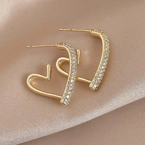 Fashion Simple Gold Color Love Heart Earrings for Women - Trendy Elegant Metal Geometric Zircons Heart-Shaped Jewelry