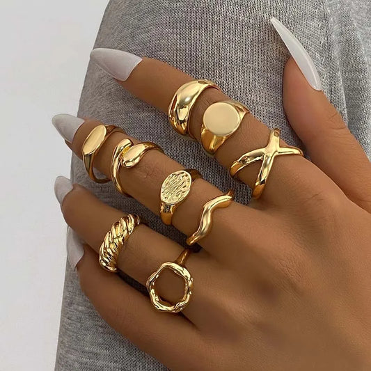 9Pcs/set Gold Color Smooth Geometric Open Rings Set for Women Men - Irregular Adjustable Jewelry Gifts