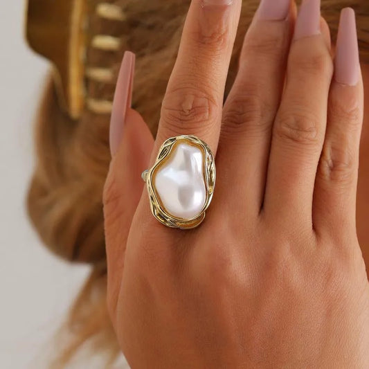 2025 Vintage White Imitation Pearl Open Rings for Women - Korean Gold Color Starfish Pearl Adjustable Jewelry