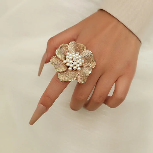 Vintage Gold Color Pearl Flower Ring for Women - Adjustable Metal Alloy Jewelry