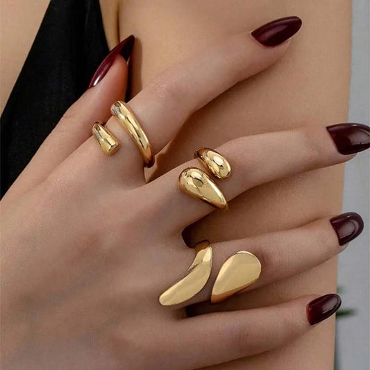 3Pcs/Set Vintage Gold Color Water Drop Rings for Women - Fashionable Adjustable Geometric Jewelry