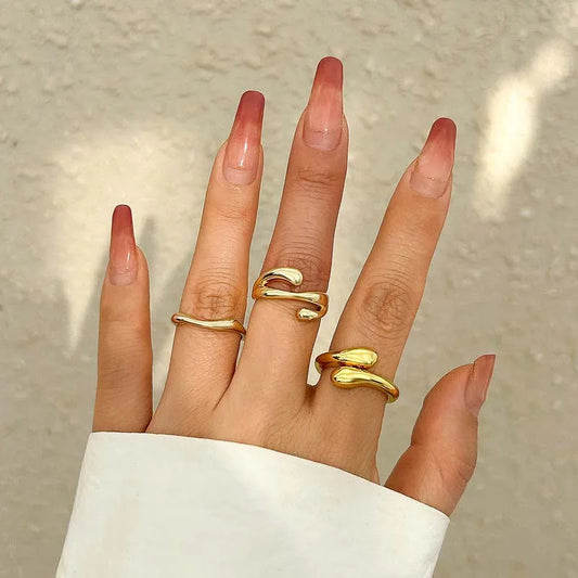 3Pcs/Set Vintage Gold Color Water Drop Rings for Women - Fashionable Adjustable Geometric Jewelry