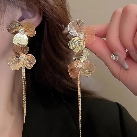 Luxury Long Tassel Petal Drop Earrings for Women - Crystal Hollow Flower Wedding Jewelry Gifts