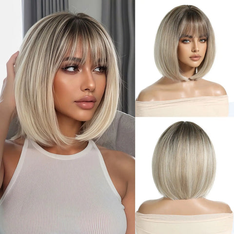 EASIHAIR Ombre Brown Blonde Wigs with Bangs - Layered Heat Resistant Synthetic Wig for Women
