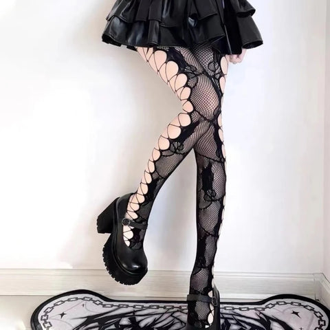 Women's Hollow Jacquard Fishnet Tights - Floral Lace Thigh High Pantyhose