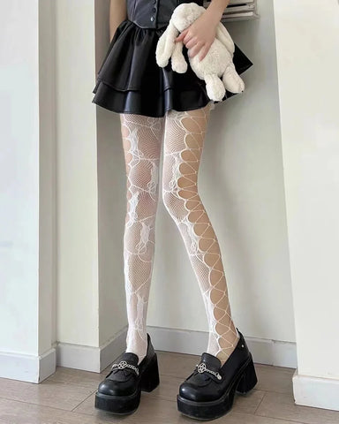 Women's Hollow Jacquard Fishnet Tights - Floral Lace Thigh High Pantyhose